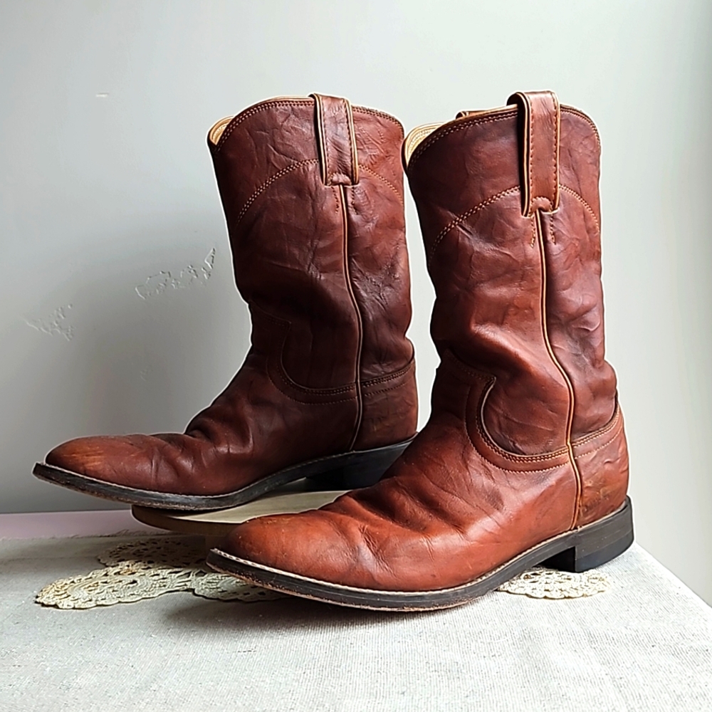 Justin Roper Boots Men Size 7.5 B Chestnut Marbled Leather Western Style 3163